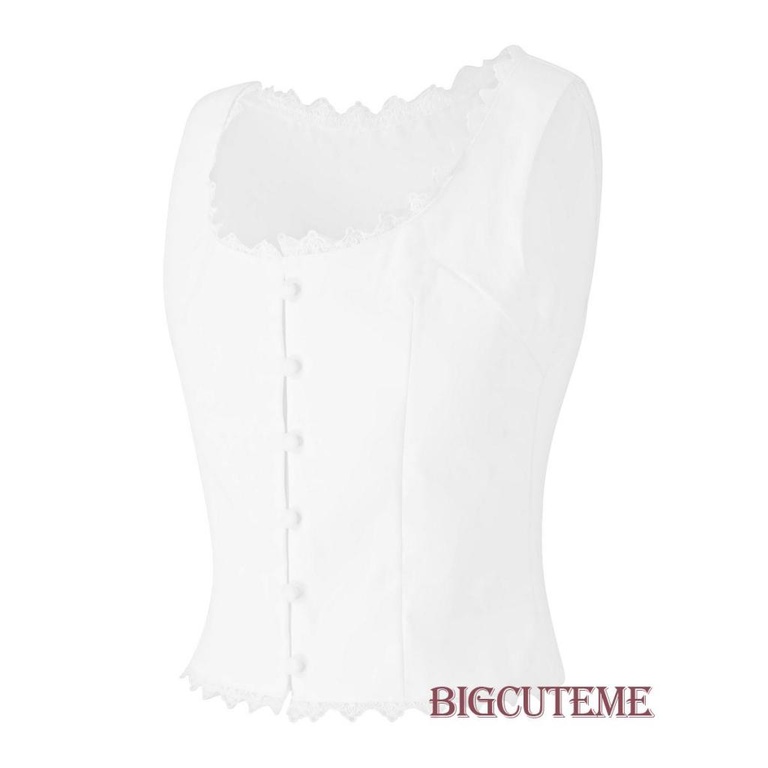 [] Áo Tank Top Không Tay Màu Trơn Cài Nút Xuống Cổ Ren Mùa Hè Cho Nữ