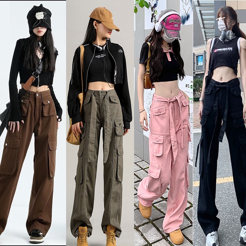 Quần kaki hiphop nữ，Quần cargo pants ống rộng，Quần ống rộng lưng cao cho nữ