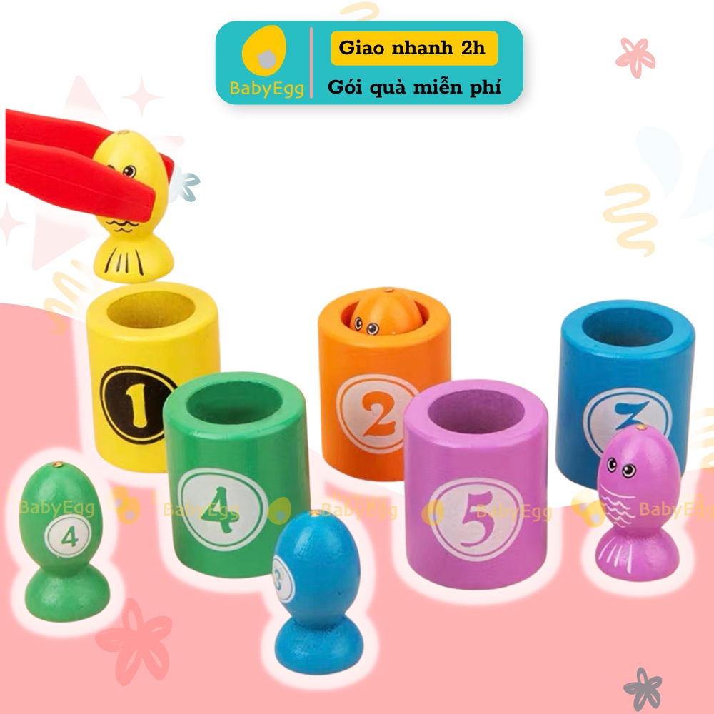 ĐỒ CHƠI GIÁO DỤC Câu cá gỗ montessori cho bé trai bé gái 2 3 4 tuổi trẻ em gắp bi cá rèn luyện kỹ năng khéo léo babyegg