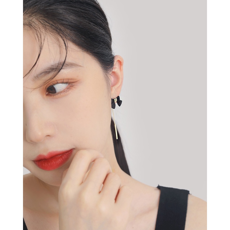 Bông Tai Mạ Bạc 925 Dáng Dài Đính Nơ Tua Rua Màu Đen Phong Cách Hàn Quốc Thời Trang 2023 Cho Nữ