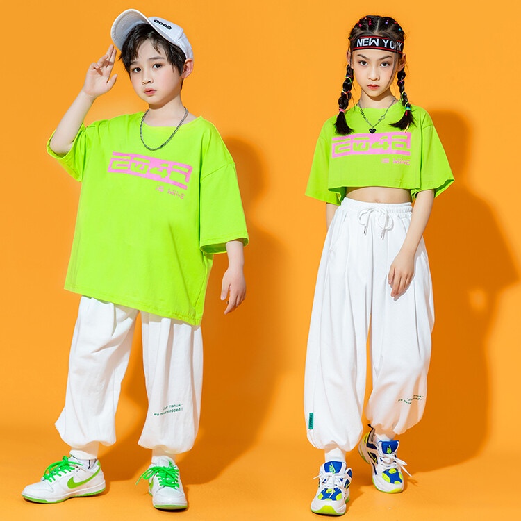 Bộ Đồ Nhảy Hip-Hop Đường Phố Mùa Hè 2023 Màu Xanh Lá Dạ Quang Phong Cách Mới Cho Bé Trai Bé Gái