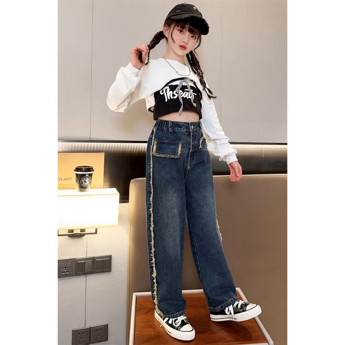 Set Áo Thun Dài Tay + Quần Jeans Dài Thời Trang Cho Bé Gái