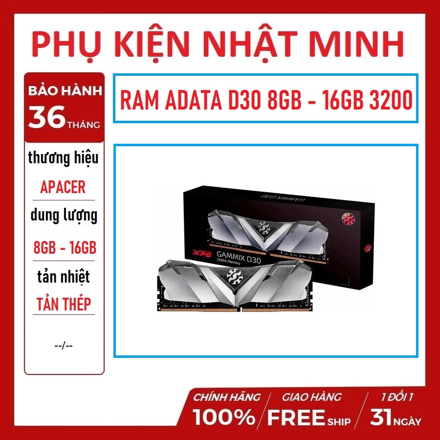 Ram PC Adata XPG Gammix D30 8GB DDR4 bus 3200Mhz tản nhiệt siêu đẹp chính hãng bảo hành 36 tháng lỗi 1 đổi 1