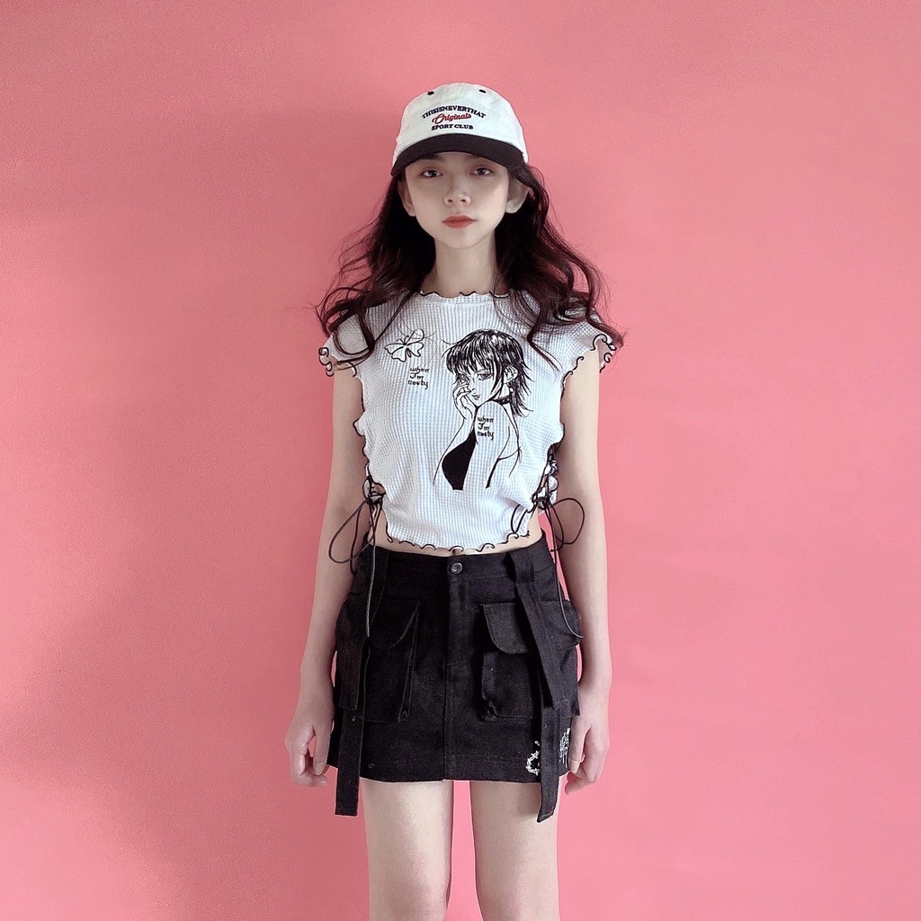 Áo croptop nữ vải cotton tổ ong thoáng mát thêu hoạ tiết Butterfly thiết kế WHENIMNASTY
