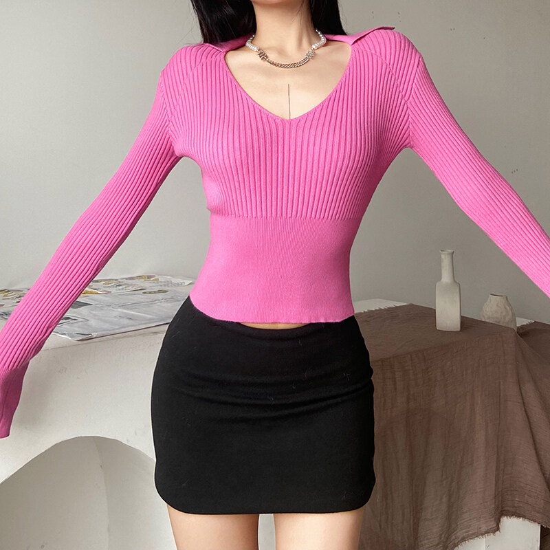 Kliou 2022 Mới Áo Dệt Kim Tay Dài Cổ Chữ V Màu Trơn Thời Trang 2023 M I