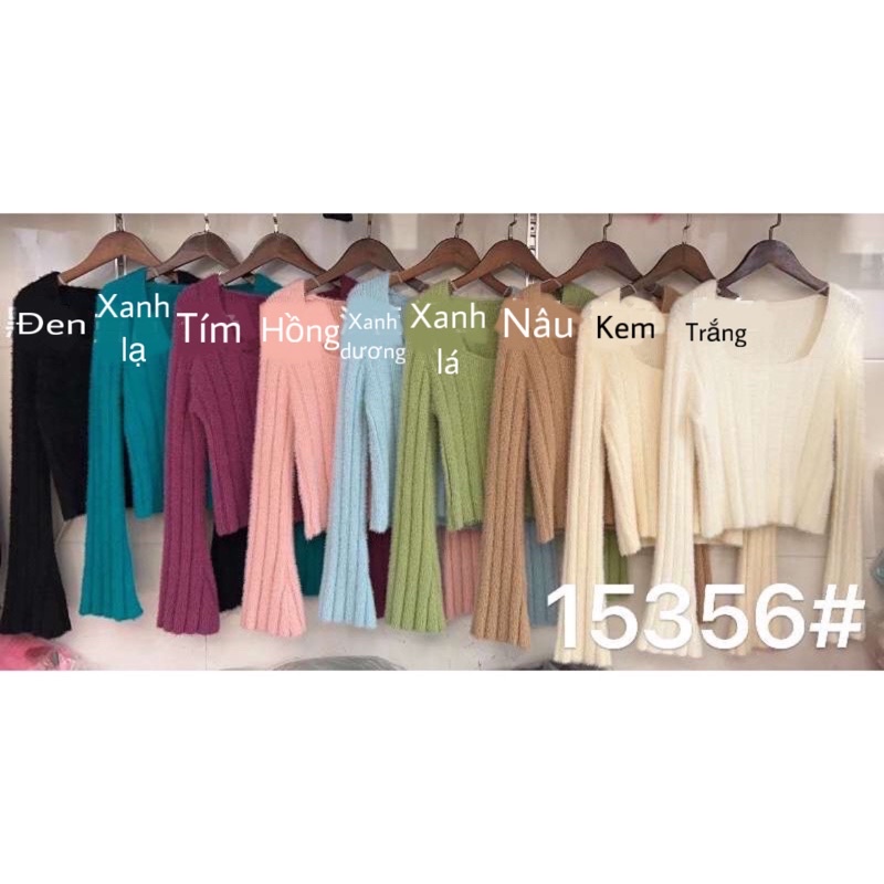 Áo len gân lông thỏ mượt nữ tay dài xòe cổ vuông dáng ôm hàng Quảng Châu đẹp dày dặn co giãn tốt mềm mịn 15356 5