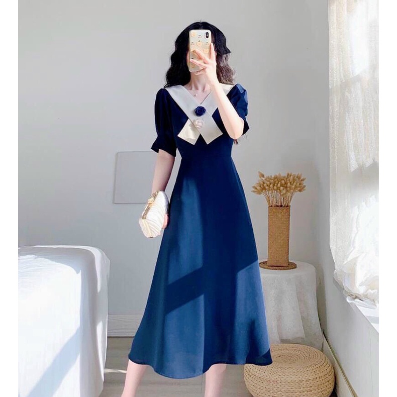 Váy Thiết Kế Xanh Coban Dự Tiệc Đi Biển,Maxi Dáng Dài MJP Cổ V Cao Cấp Chất Cotton Mịn 2 Lớp Full (Tặng Kèm Tag Hoa)