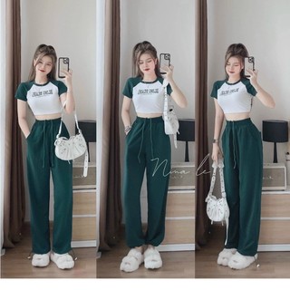 Đồ bộ ngủ - set đồ bộ quần ống rộng đai cao có túi và croptop ôm ngắn tay ctton dày co giản mềm mịn