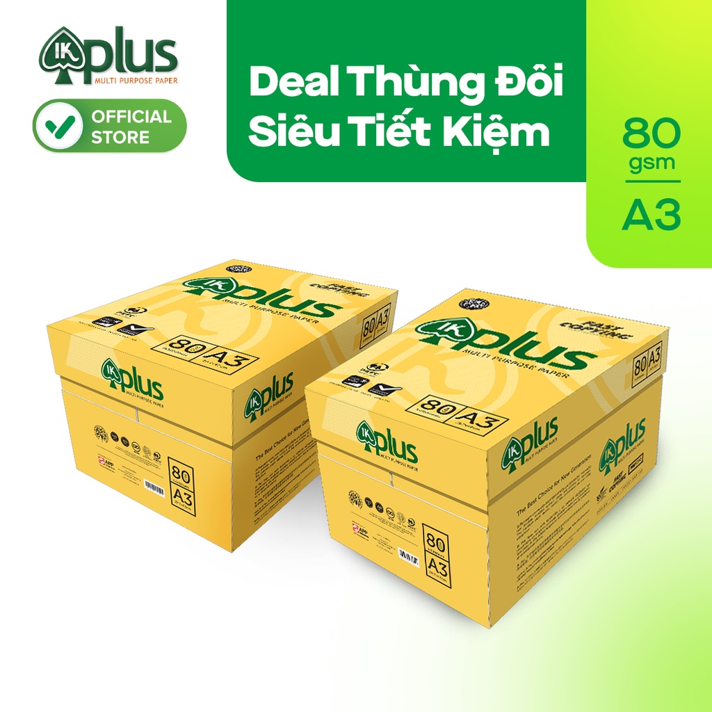 Combo 2 Thùng giấy IK PLUS A3 80gsm - Giấy photo, giấy in văn phong, giấy vẽ - Hàng chính hãng (5 reams)