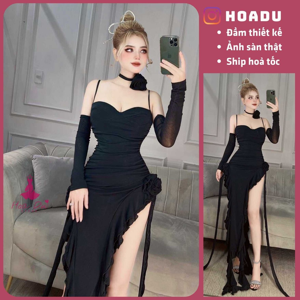 Hàng chuẩn Váy dây body đính hoa tua lai kèm choker hoa hồng tặng kèm bao tay