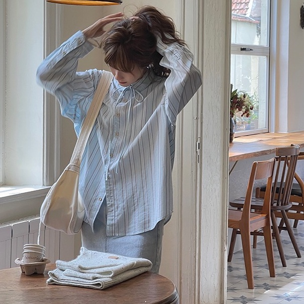 Áo sơ mi SUXI tay dài họa tiết kẻ sọc phong cách Hàn Quốc cổ điển thời trang mùa xuân dành cho nữ oversize