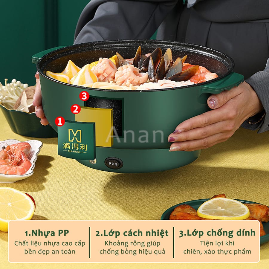 Nồi Lẩu Điện Mini Chống Dính Kèm Giá Hấp Size 28 Cm, Nồi Nấu Đa Năng Lẩu, Nướng, Chiên, Xào Tiện Lợi