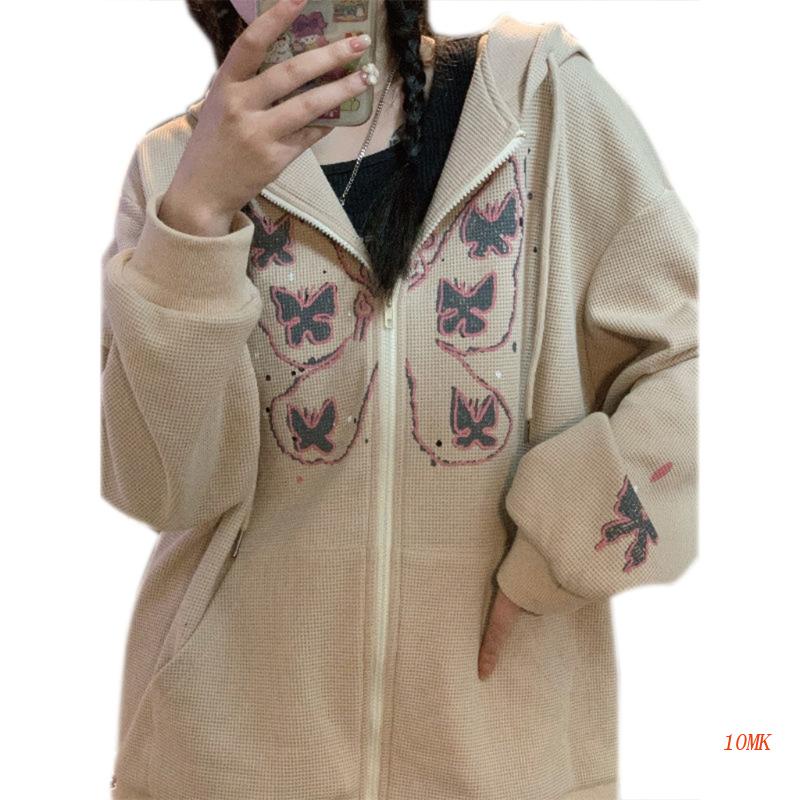 Áo Khoác Hoodie Tay Dài Có Khóa Kéo In Hình Bướm 10MK Dành Cho Nữ