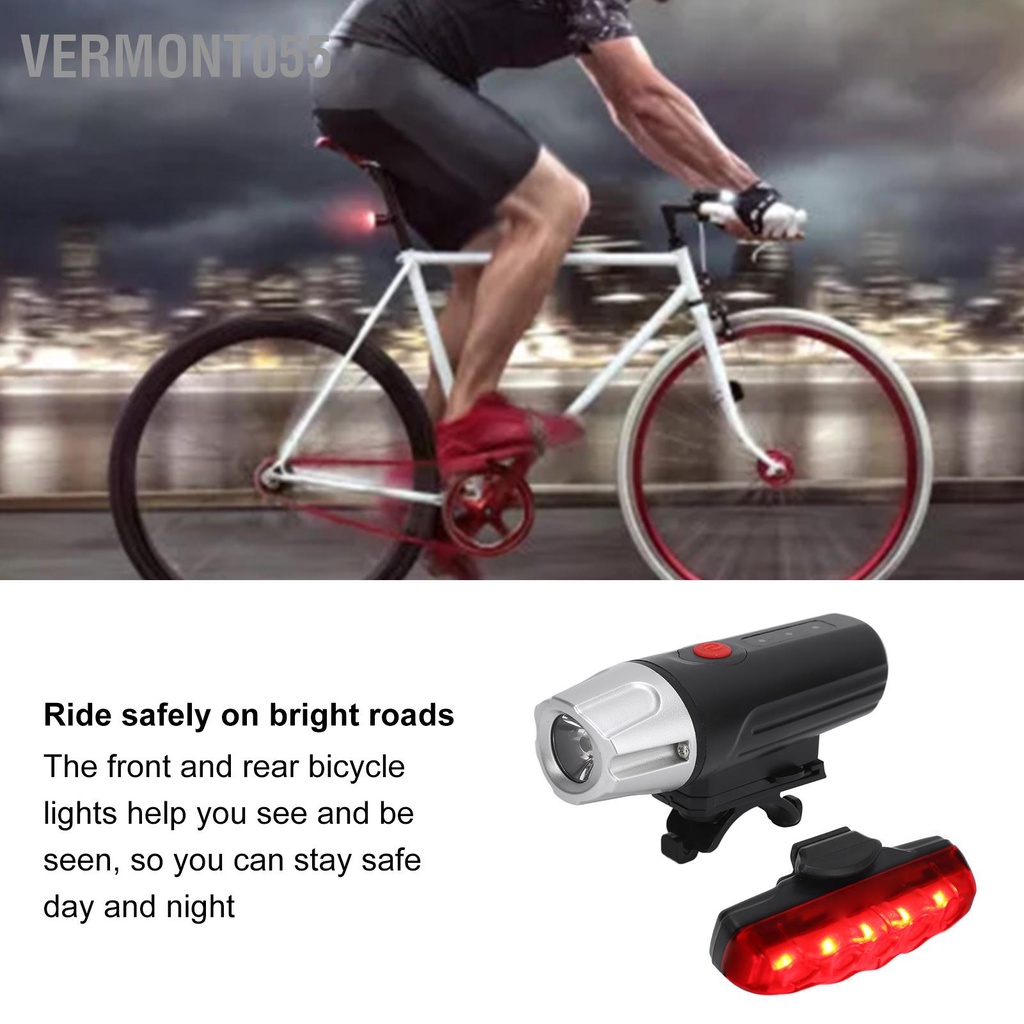 Có thể bán buôn Bộ đèn xe đạp siêu sáng có thể sạc lại USB Đèn pha phía trước và đèn hậu phía sau cho xe đạp đường núi vermont055 Hàng giao ngay