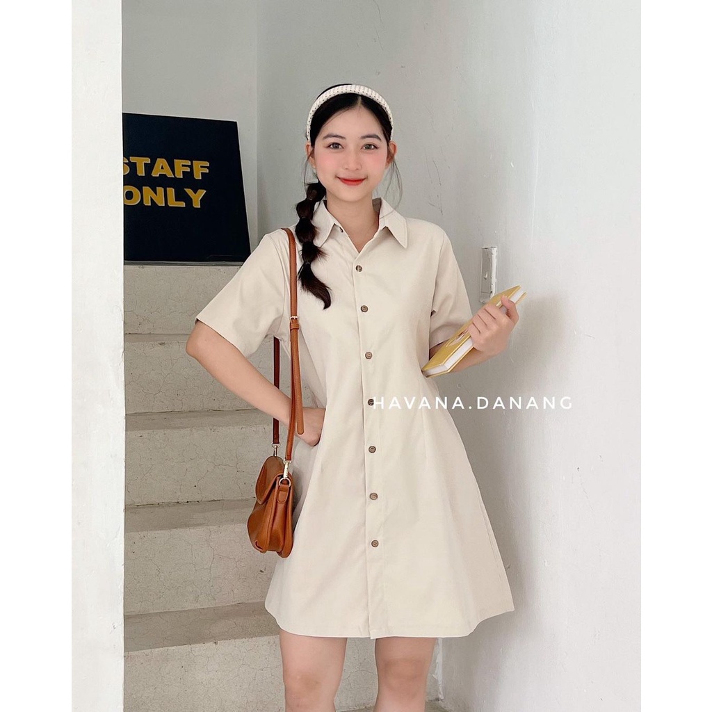 Váy sơ mi cúc gỗ có túi PIKA.CLOTHINGG dáng chữ A có bo chun lưng, Váy polo cổ sơ mi dáng dài chất 2 da thô mềm