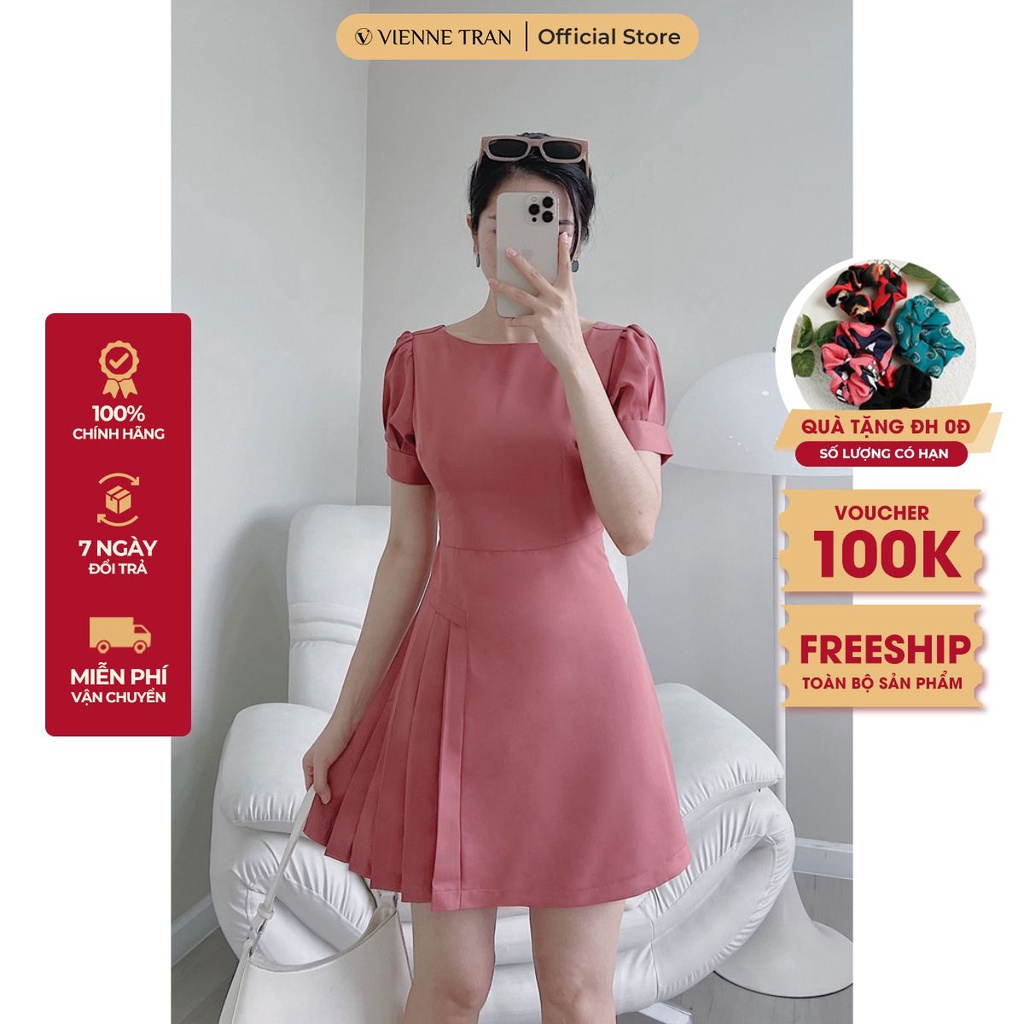 Đầm nữ dáng xòe tay bồng xếp ly - Váy nữ công sở thanh lịch che khuyết điểm VIENNETRAN V63R22H012