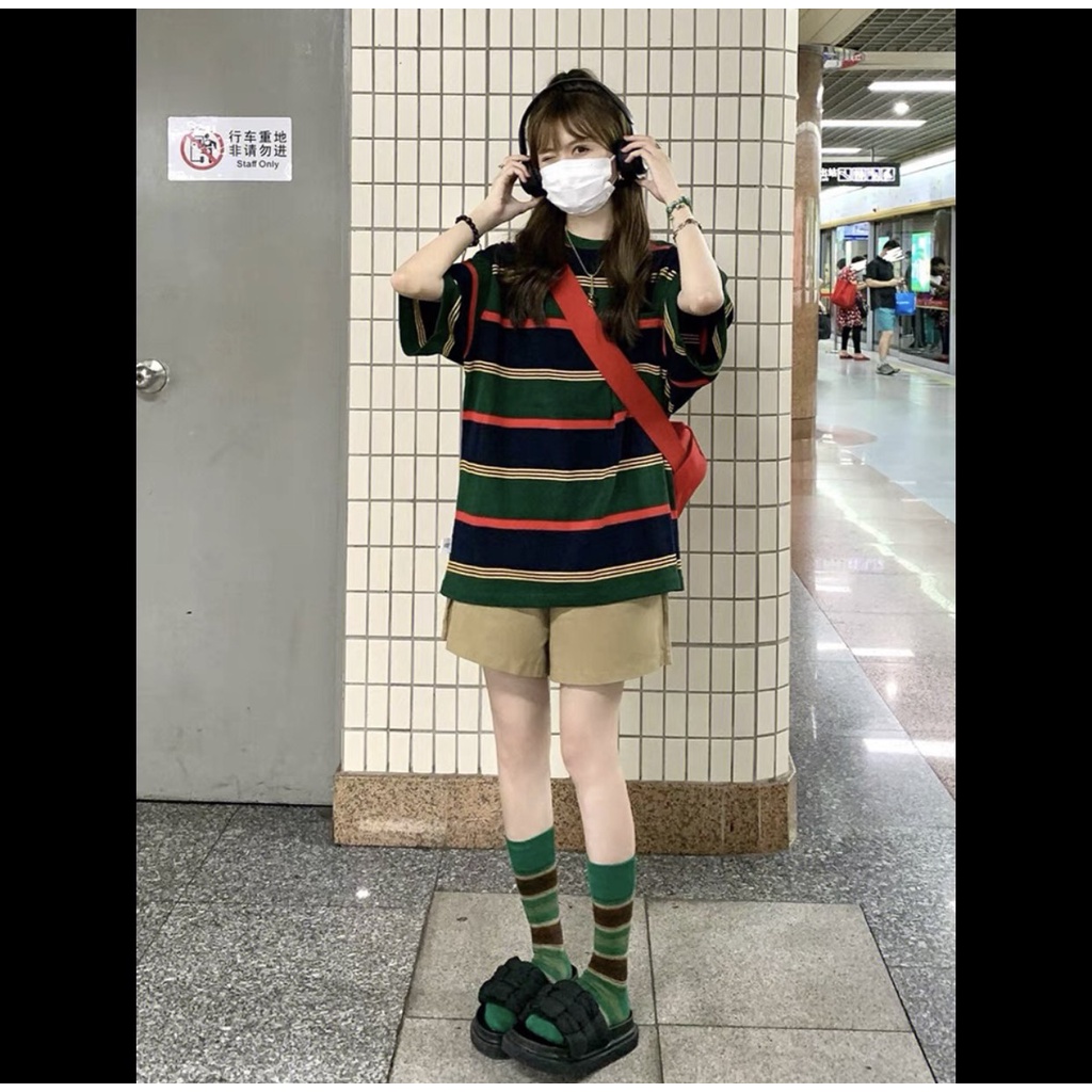 Bộ Thun Kẻ Đen Quần Short Nữ [FREESHIP]  Set áo phông tay lỡ kèm quần đùi kaki form oversize Ulzzang