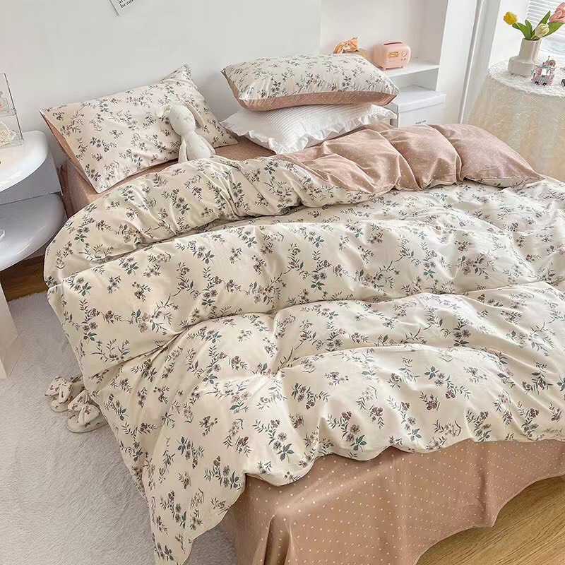 Chăn Ga Gối Cotton Living " Hồng Kẻ Đen " - Bộ Chăn Ga Gối Cotton 100% Nhập Khẩu 4 món