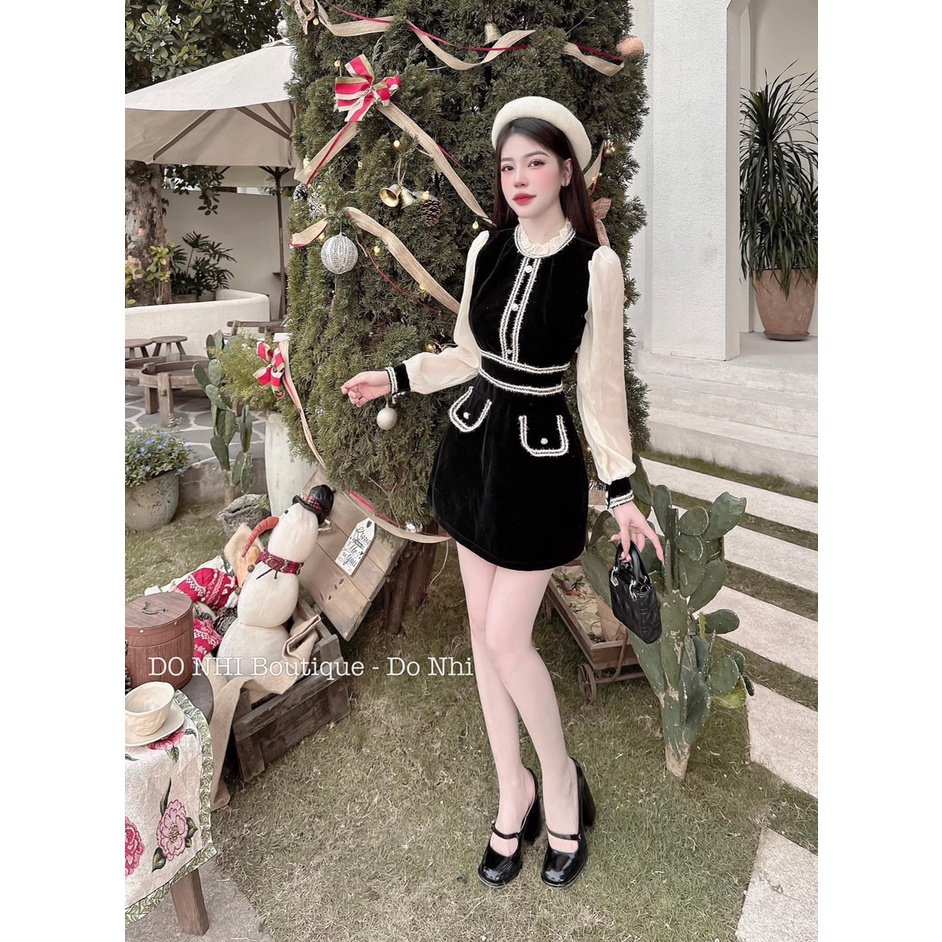 [3.3 Sales Freeship] Đầm thiết kế, đầm nhung chữ A cổ bèo phối viền trắng đính nút tay voan trằng đi tiệc sang trọng mtb