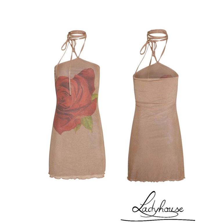 Đầm Ngắn Hai Dây Hở Lưng Ôm Dáng In Họa Tiết Hoa Hồng Cổ Điển Cho Nữ