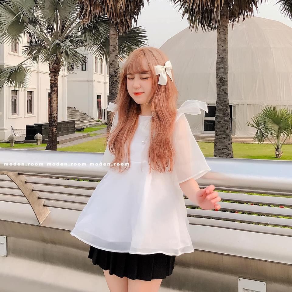 Áo Babydoll Trắng Phối Nơ Vai QMun Nữ   Thun kiểu bánh bèo tiểu thư mặc đi biển hàn quốc đẹp Ulzzang  QM|PE