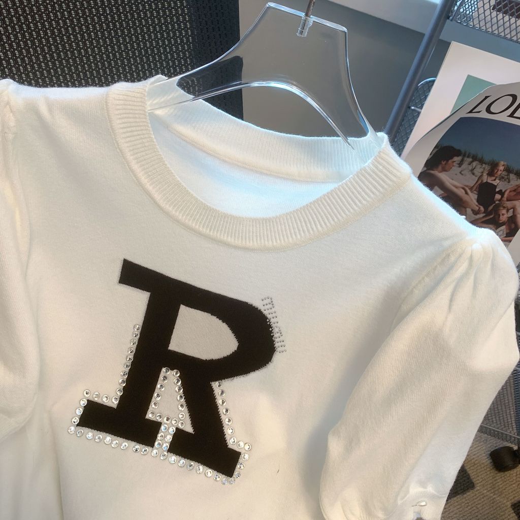 Áo sweater Dệt Kim Tay Ngắn Cổ Tròn In Chữ Thời Trang Mùa Xuân Mới