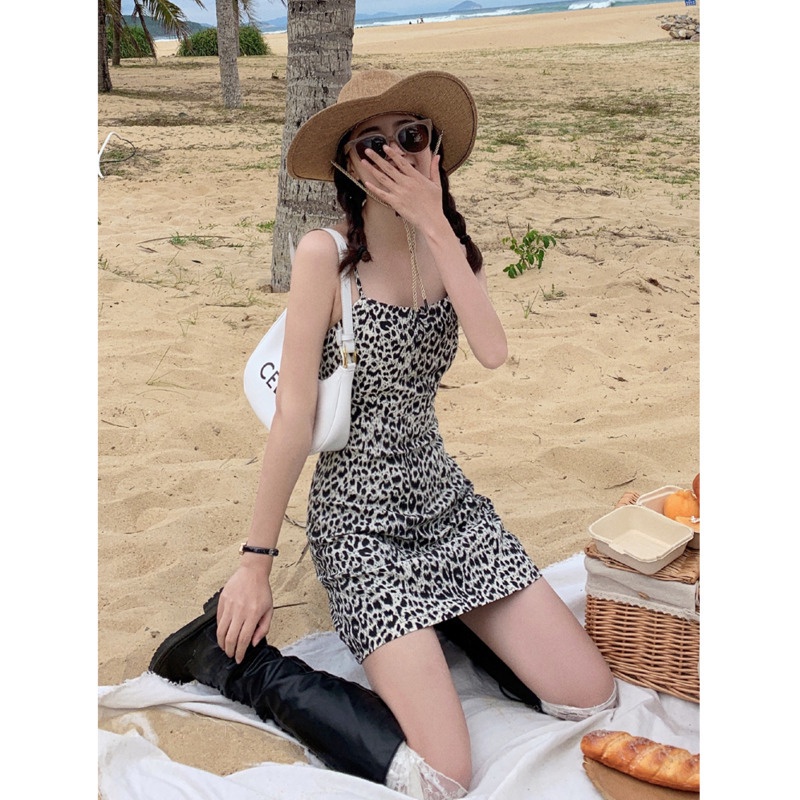 Đầm Lửng Hai Dây Họa Tiết Da Báo Quyến Rũ Phong Cách Hàn Quốc Dành Cho Nữ