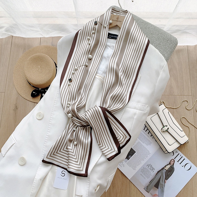 Khăn Choàng Lụa Satin Họa Tiết Sọc Dọc Đơn Giản Thanh Lịch Cho Nữ