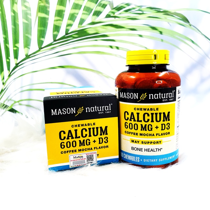 Viên nhai Mason Natural Calcium 600mg + D3 bổ sung canxi và vitamin hỗ trợ xương chắc khoẻ tăng chiều cao. Hộp 100 viên