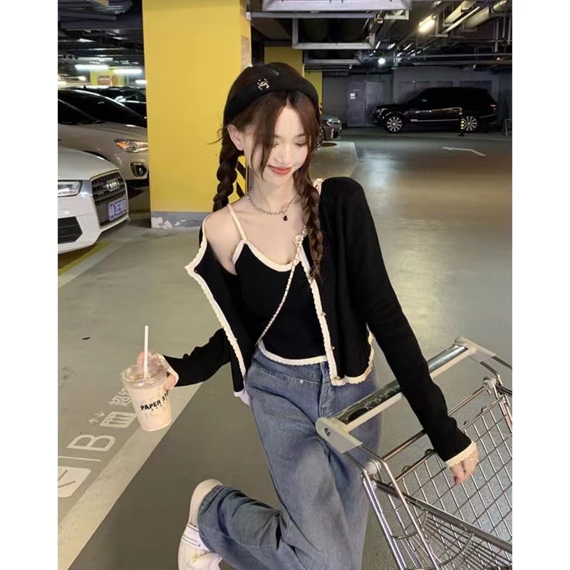 Set Áo Len Tay Dài Màu Sắc Tương Phản Phối Áo Vest Nhỏ Thời Trang Trẻ Trung