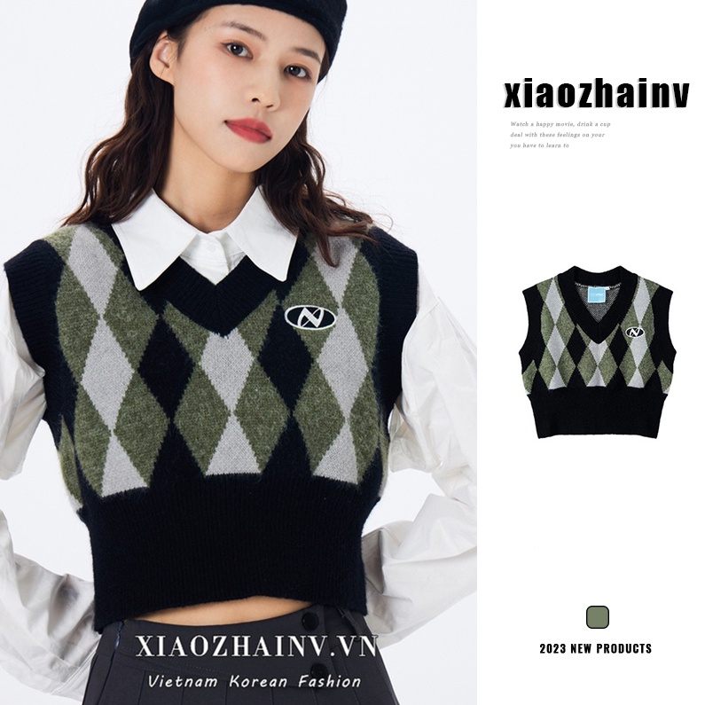 Áo sweater Xiaozhainv dệt kim không tay cổ chữ v phong cách retro Hàn Quốc cho nữ