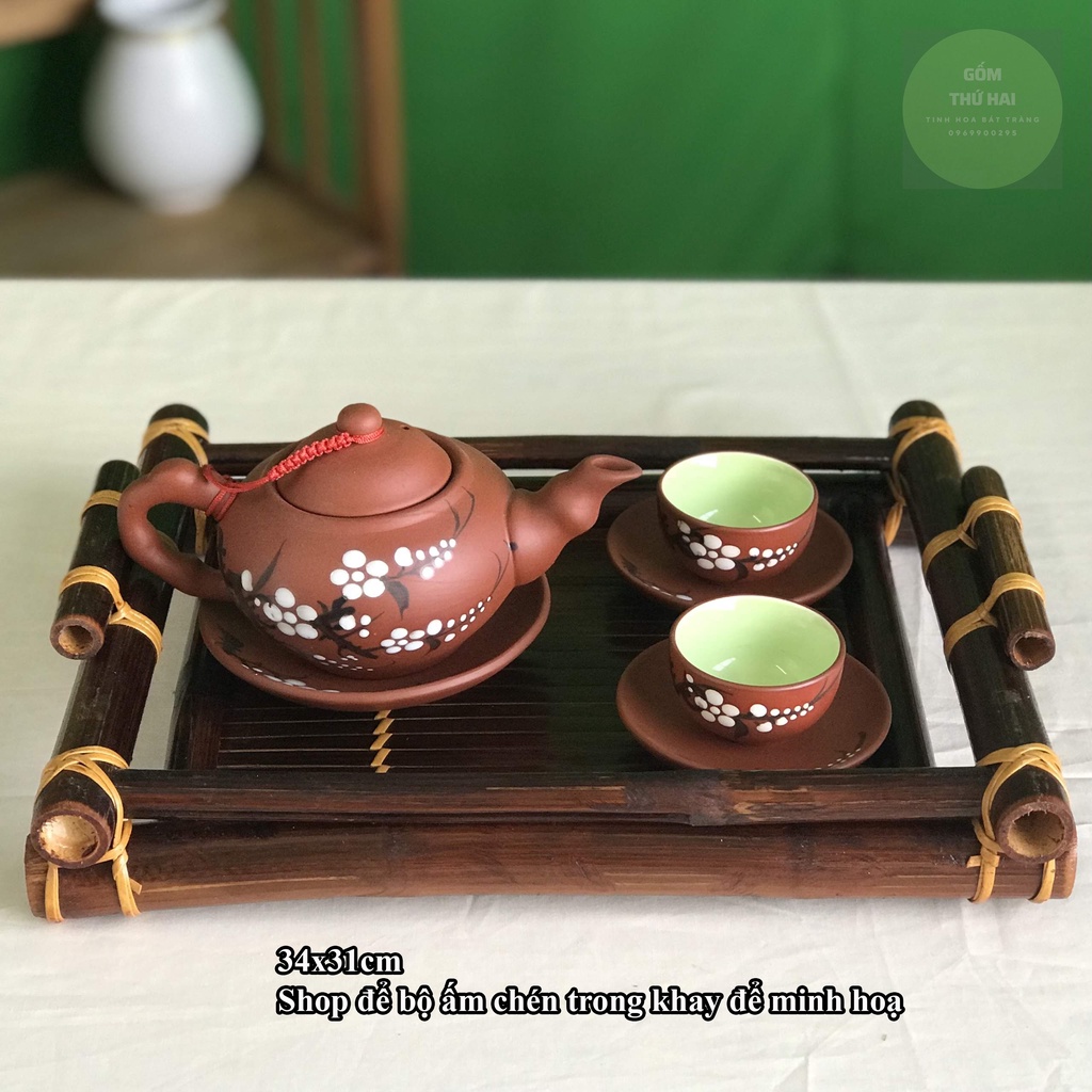 Khay đựng bộ ấm chén uống trà Bát Tràng chất liệu tre | BigBuy360 - bigbuy360.vn