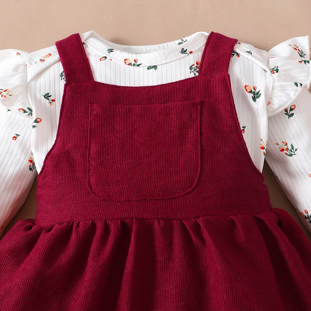 Bộ Váy Cho Bé Mikroo Baju Cho Bé Gái 0-24 Tháng 2PICS Cotton-Polyester Phối Vải In Hoa Body + Đầm Công Chúa Màu Đỏ Trơn Mặc Thường Ngày
