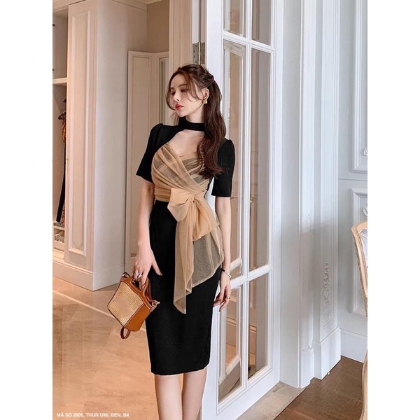 (Có bigsize) Đầm thun thiết kế phối ren đắp tà nơ tay ngắn sang trọng cho bạn nữ đi tiệc