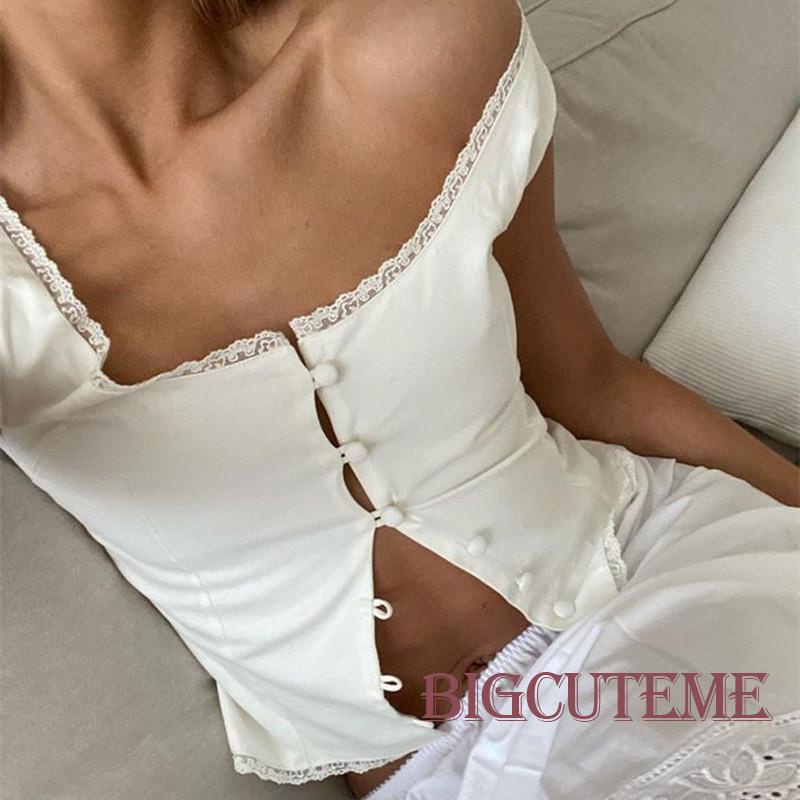 [] Áo Tank Top Không Tay Màu Trơn Cài Nút Xuống Cổ Ren Mùa Hè Cho Nữ