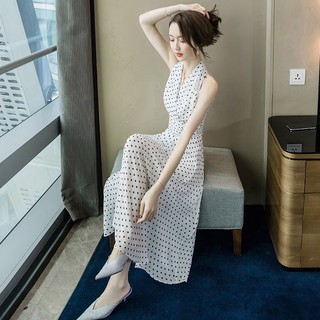 Đầm voan dài hai dây cổ chữ v họa tiết chấm bi thời trang mùa hè dành cho nữ
