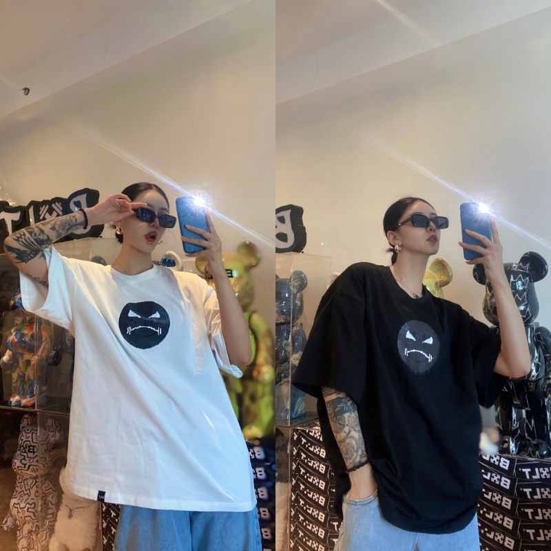 Áo Thun Cotton Tay Ngắn Dáng Rộng Cỡ Lớn In Hình Biểu Tượng Cảm Xúc Đính Kim Sa Lấp Lánh Thời Trang Cho Nam Và Nữ