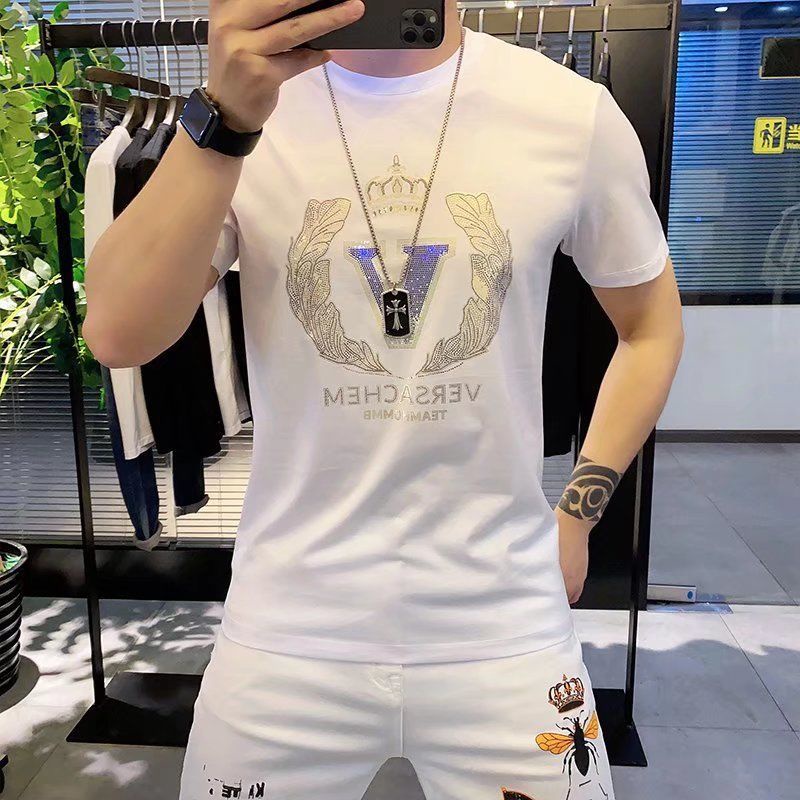 Áo Thun Cotton Tay Ngắn In Hình Vương Miện Đính Đá Thời Trang Mùa Hè Hàn Quốc Hàng Mới 2023 Dành Cho Bạn Nam