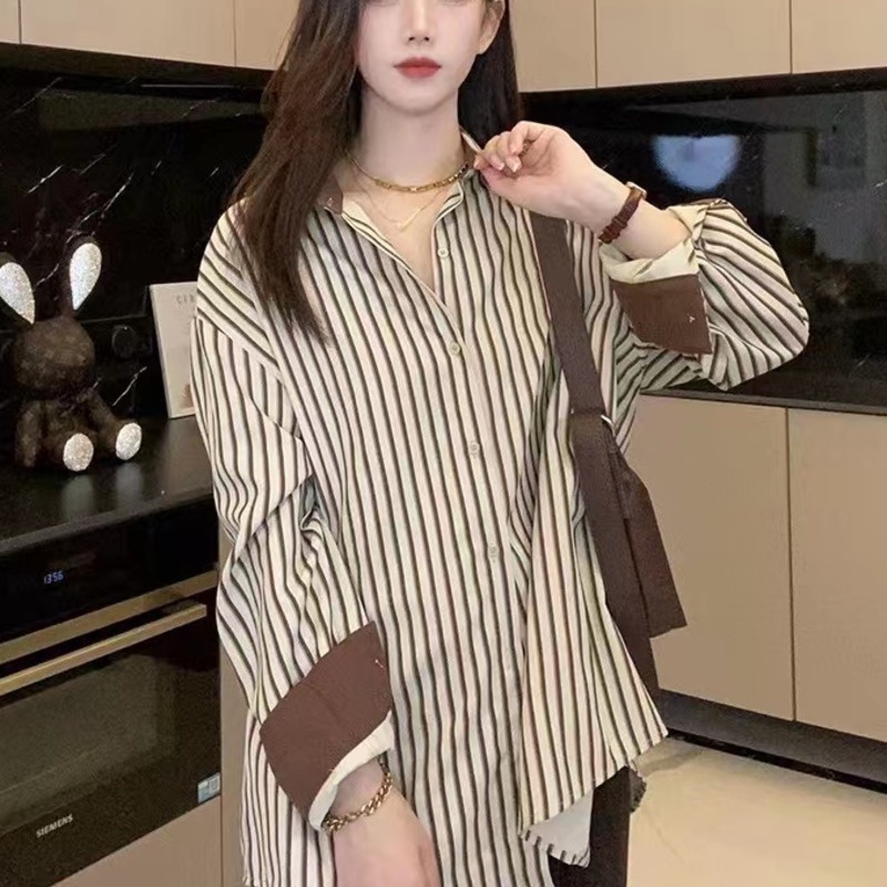 Áo Sơ Mi Tay Dài Kẻ Sọc Màu Sắc Tương Phản Phong Cách Hàn Quốc Thời Trang Cho Nữ