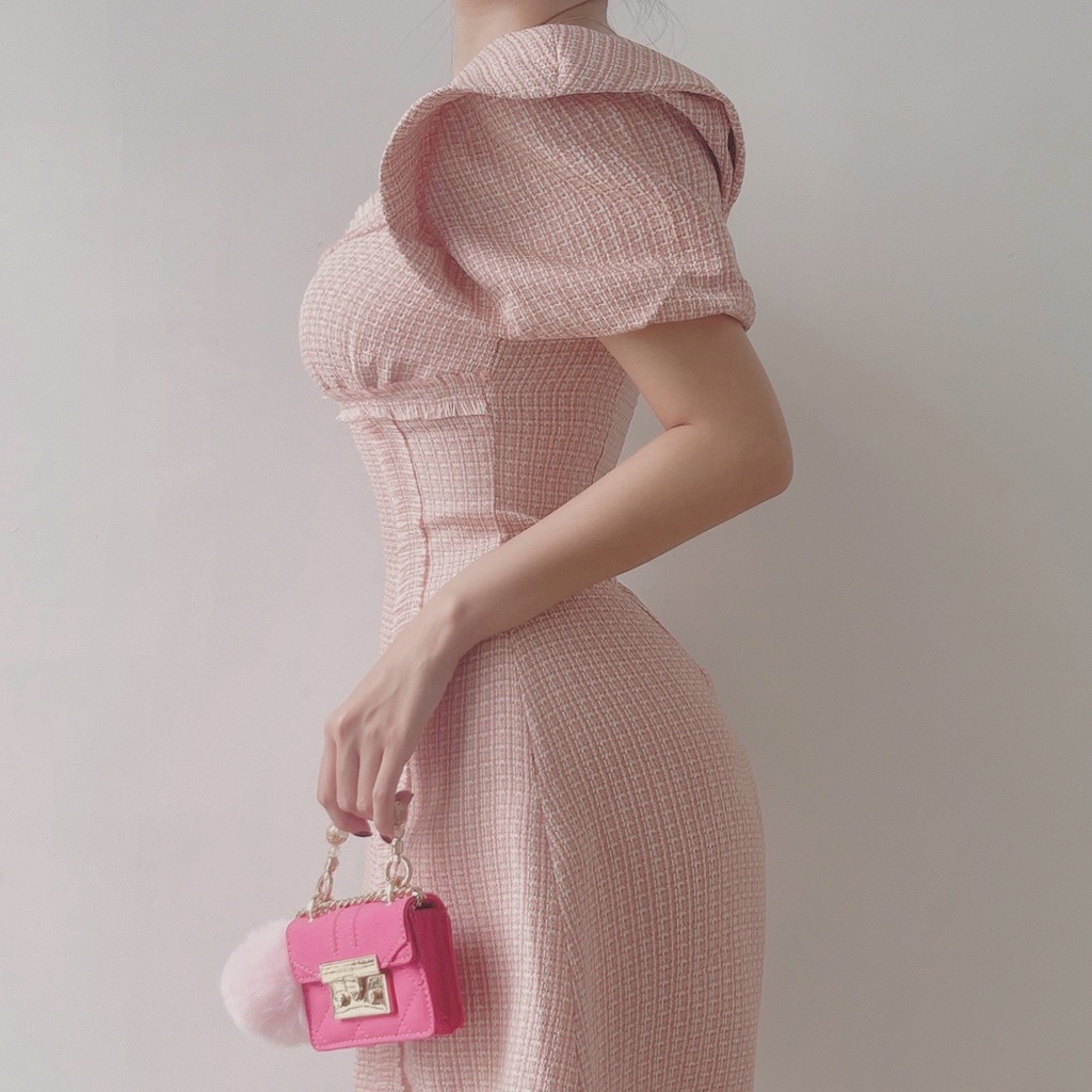 Đầm dạ Tantalizing màu hồng phấn viền tưa tay bồng Thyla Dress V39