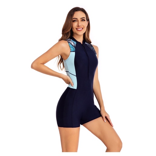 Hình thật- Đồ bơi liền thân không tay quần đùi phối màu 2 bên vai đến eo