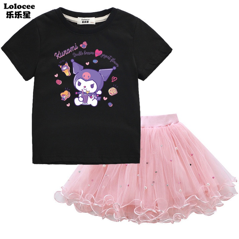 Set Đồ 2 Món Gồm Áo Thun In Họa Tiết Hoạt Hình My Melody Kuromi + Váy Tutu Cho Bé Gái