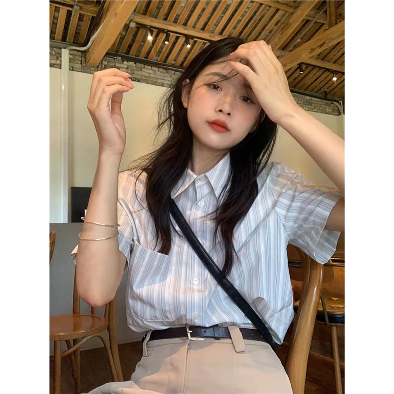 SUXI Áo Sơ Mi Tay Ngắn Dáng Rộng Họa Tiết Kẻ Sọc Thời Trang Mùa Hè Dễ Phối Đồ Cho Nữ