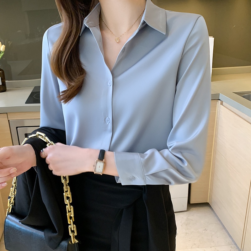 Áo Sơ Mi Vải Satin Tay Dài Màu Trơn Thời Trang Công Sở Dành Cho Nữ