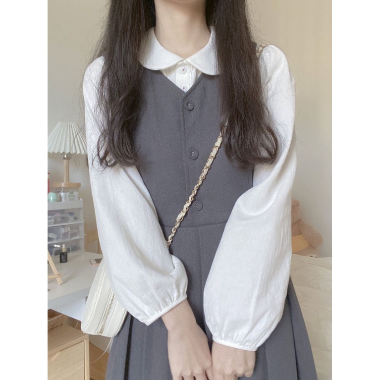 Set Áo Sơ Mi Cổ Búp Bê + Đầm Hai Dây Phong Cách Retro Pháp Hàng Mới 2023