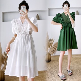 Đầm bầu cổ chữ v phối ren phong cách hàn quốc thời trang mùa hè