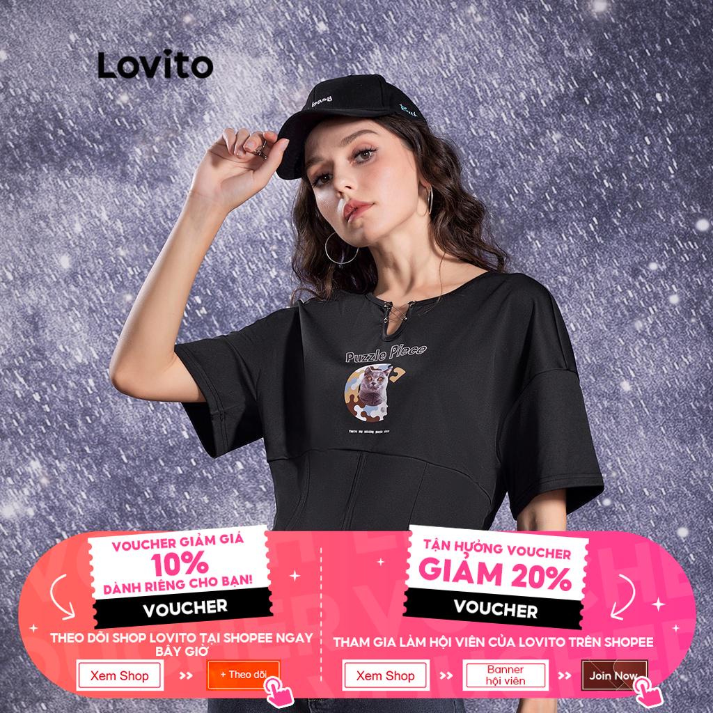 Lovito STAR GIRL Preppy Animal Pyrograph Pin Keyhole Đường viền cổ áo nữ Áo phông L32AE040 (Đen)