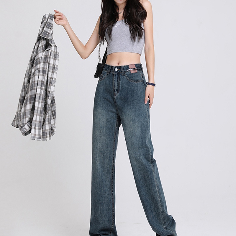 IELGYQuần Jean Dài Lưng Cao Ống Rộng Dáng Suông Kiểu retro Cá Tính Cho Nữ