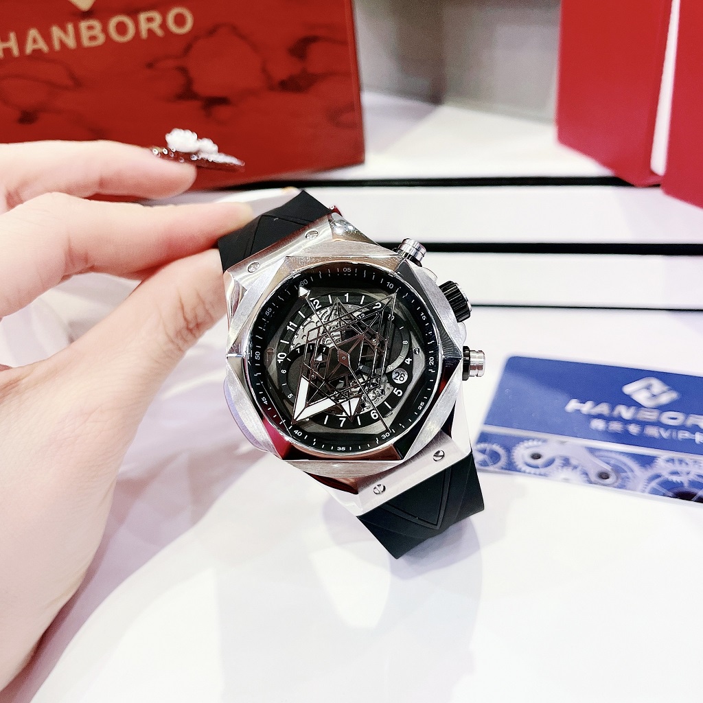 Đồng Hồ Nam Hanboro 998 Tự Động Dây Cao Su Silver 42mm