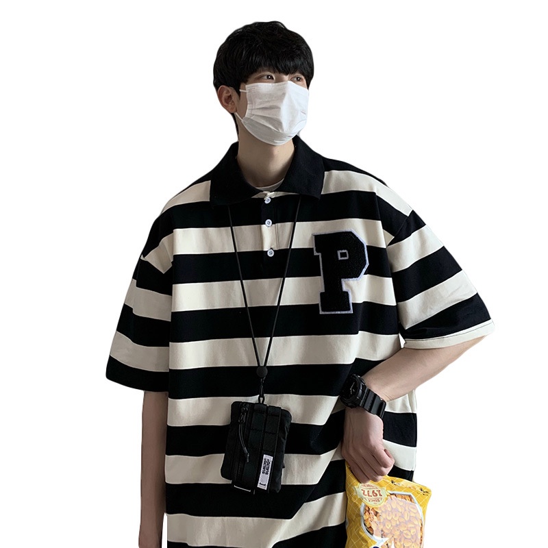 Áo Thun Polo Ngắn Tay Dáng Rộng Họa Tiết Kẻ Sọc Hợp Thời Trang Cho Cặp Đôi